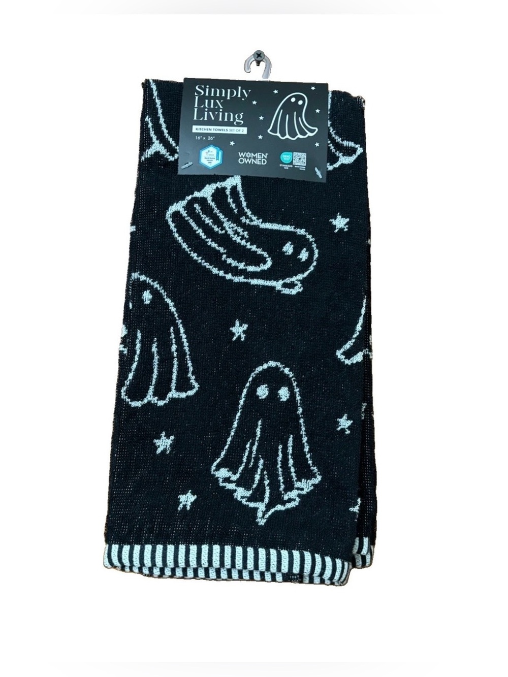 HALLOWEEN KITCHEN TOWELS SET OF 2 SPOOKY GHOSTS GOTHIC BLACK WHITE 100% COTTON